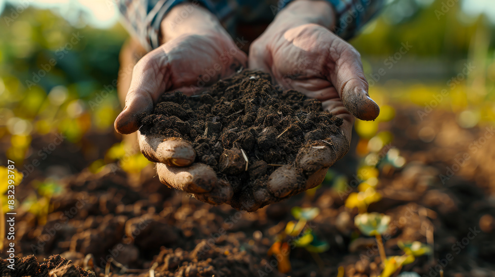 The hands of an experienced agronomist holds the soil in his hands. Farmer's male hands check the quality of the soil before sowing. Agriculture, gardening concept. The hands of an experienced agronomist holds the soil in his hands. Farmer's male hands check the quality of the soil before sowing. Agriculture, gardening concept.