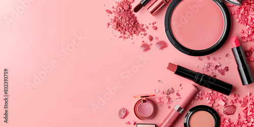 Beauty products makeup cosmetics. Place for text. Pink background, copy space. Top view. Creative design template banner Background wallpaper poster  header social media post. Generative Ai content
