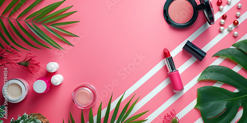Beauty products makeup cosmetics. Place for text. Pink background, copy space. Top view. Creative design template banner Background wallpaper poster  header social media post. Generative Ai content