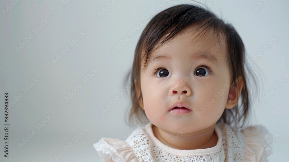 Asian baby girl captured in a portrait on a white backdrop Asian baby girl captured in a portrait on a white backdrop