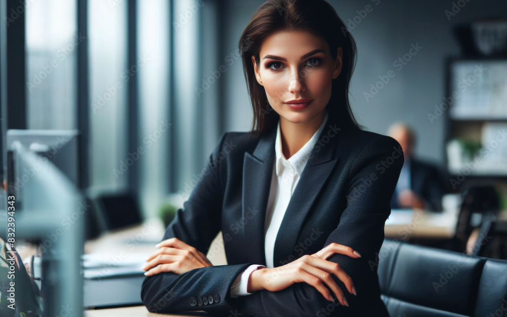 Portrait working woman wearing suit. Crossed hands looking at the camera with confidence at office Portrait working woman wearing suit. Crossed hands looking at the camera with confidence at office