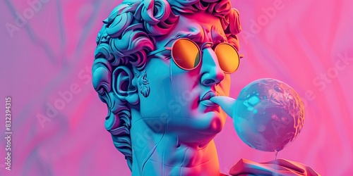 a image of a statue of a man with sunglasses blowing a bubble photo
