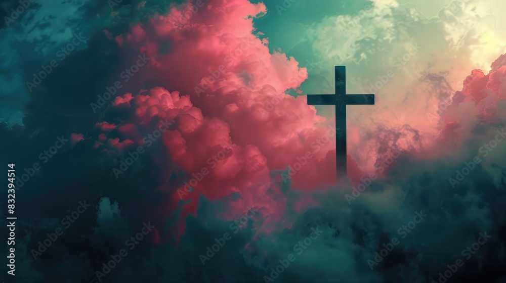 Fototapeta premium Religious cross against a cloudy background, creating a serene and spiritual concept for reflection