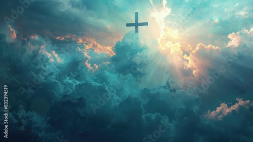Cross with clouds in the background, symbolizing religious faith and spirituality in a serene setting photo