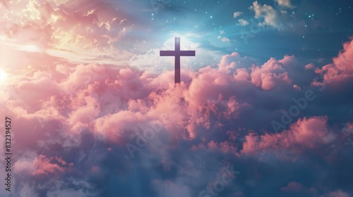 Conceptual image of a cross with a cloud-filled sky, representing faith and spirituality © cvetikmart