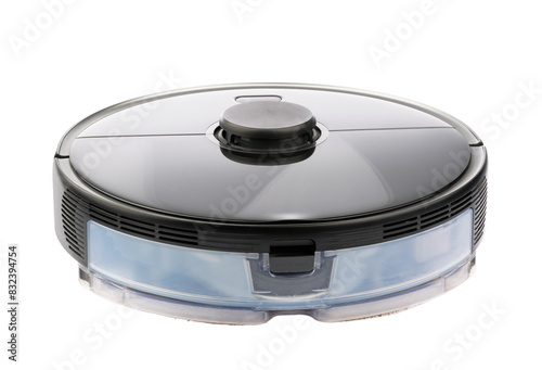 Robot Vacuum Isolated on White. Modern Autonomous Smart Robotic Vacuum Cleaner or Roomba. Self-Drive Cleaning Robot. Floor Cleaning System. Small Household & Domestic Appliances