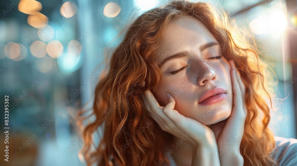 Fototapeta premium A young woman with long red curly hair has her eyes closed and is gently touching her face.