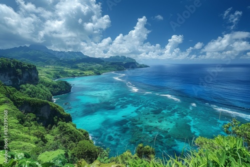 Breathtaking view of a tropical coastline with azure waters, lush greenery, and fluffy white clouds photo
