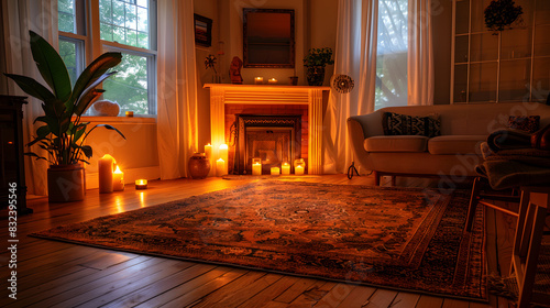 A cozy living room with a rug on the floor and a couch