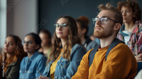 Young adult students listening intently to a lecture in a modern university classroom environment