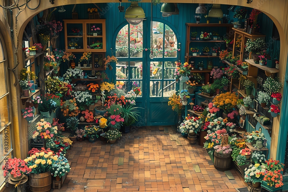 A charming flower shop with colorful blooms and rustic decor.