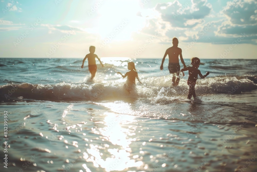 A family of four is playing in the ocean