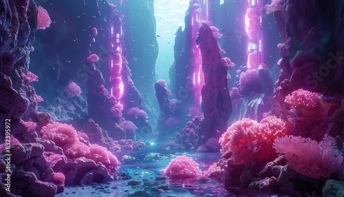 Futuristic underwater reef with robotic marine life and digital displays, neon colors, 3D rendering, hightech and imaginative, photo