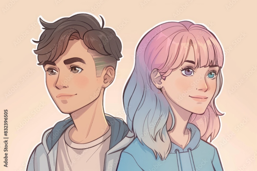 Two stylized characters with pastel background. Digital art portrait. Design for poster, print, greeting card, invitation. Generative AI Two stylized characters with pastel background. Digital art portrait. Design for poster, print, greeting card, invitation. Generative AI