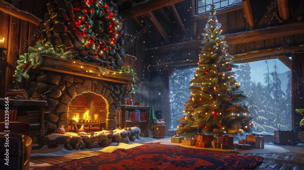 Cozy christmas cabin interior with a decorated tree, fireplace and snow falling outside