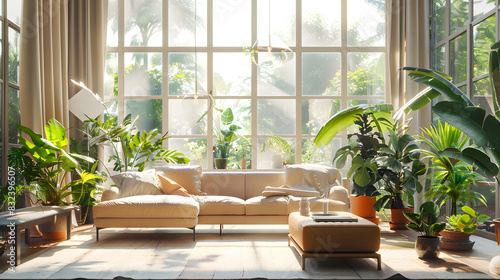 A large room with a lot of plants and a couch