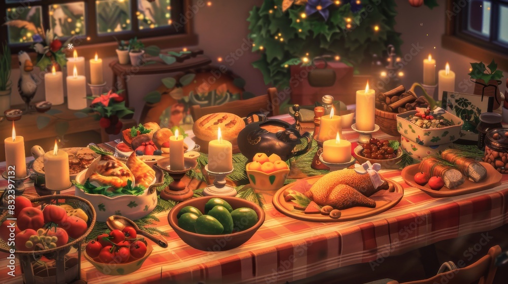 Cozy christmas dinner table with candles and decorations