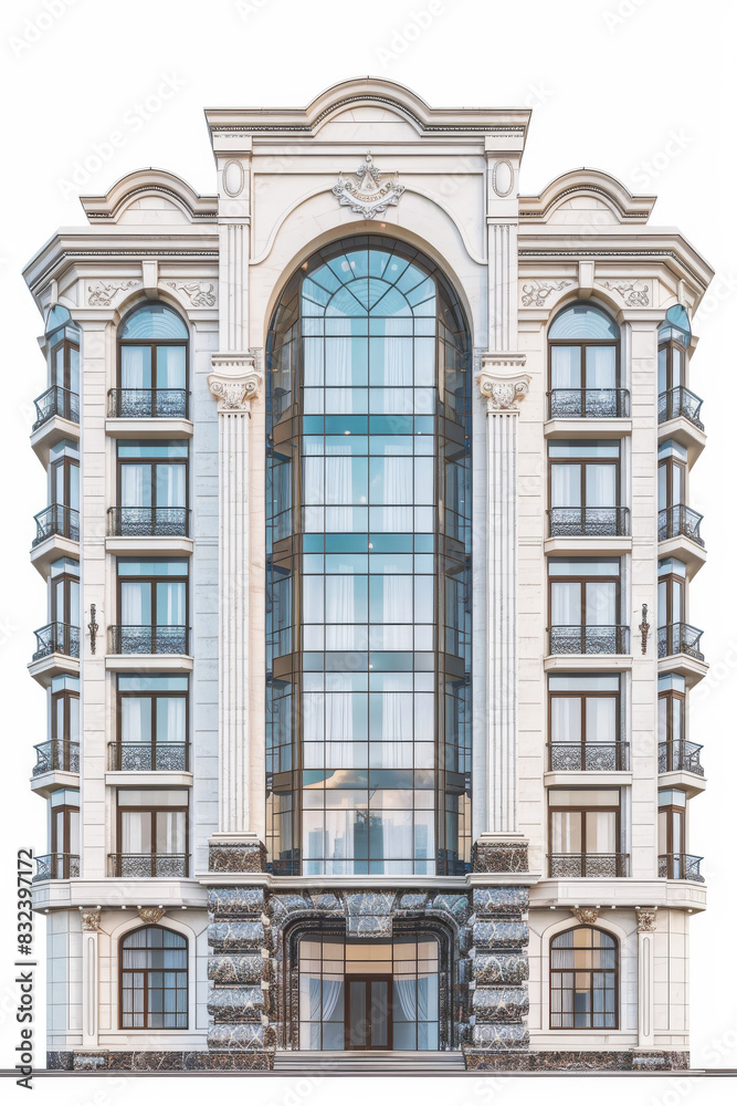 Elegant modern apartment building with glass facade and detailed architecture on white background, classic style design.