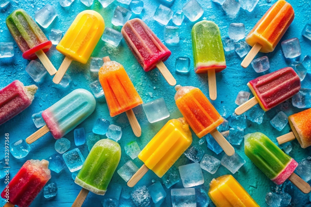 A bunch of colorful popsicles with ice cubes on a blue background A bunch of colorful popsicles with ice cubes on a blue background