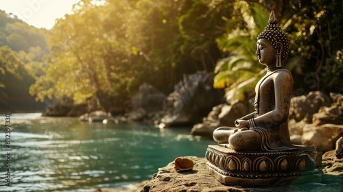 Buddha statue meditating on a lake shore. Buddha statue on the shore of a lake. Buddha statue meditating. statue of the Buddha on a wild nature background with copy space.