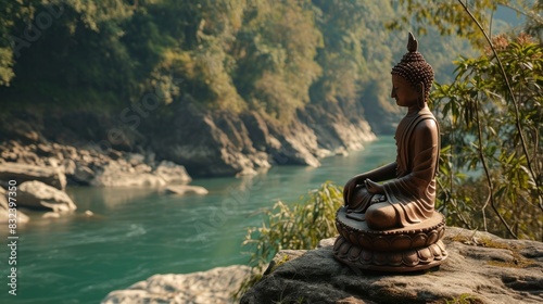 Buddha statue meditating on a lake shore. Buddha statue on the shore of a lake. Buddha statue meditating. statue of the Buddha on a wild nature background with copy space.