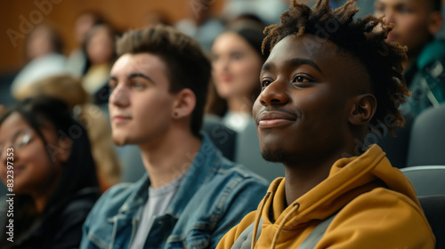 One young man smiles confidently while attending a class with other focused students around him