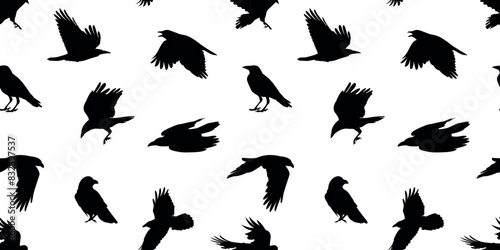 crow. a shadow. the silhouette of a crow. vector. black color. on a white background. seamless pattern. the pattern. animal. a wild animal. bird. Fly. traces.