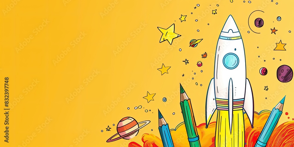 a image of a rocket with pencils and other objects surrounding it a image of a rocket with pencils and other objects surrounding it