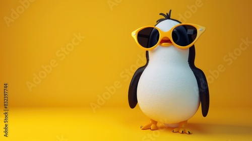 3d illustration of cute happy penguin wearing yellow sunglasses, yellow background
