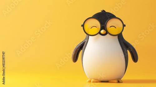 3d illustration of cute happy penguin wearing yellow sunglasses, yellow background