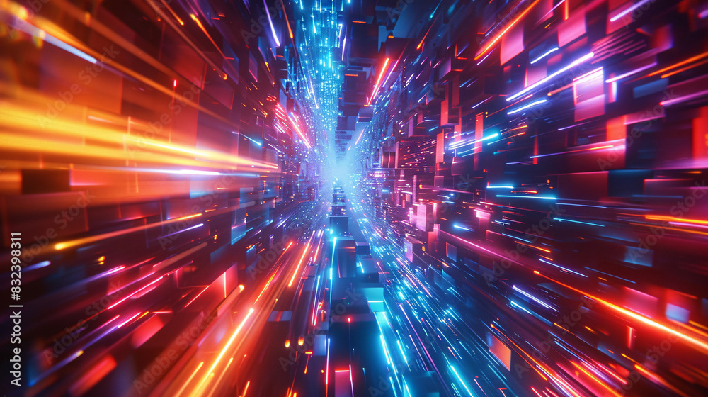 Fluorescent beams creating a vibrant pattern with geometric shapes in a dark room Fluorescent beams creating a vibrant pattern with geometric shapes in a dark room