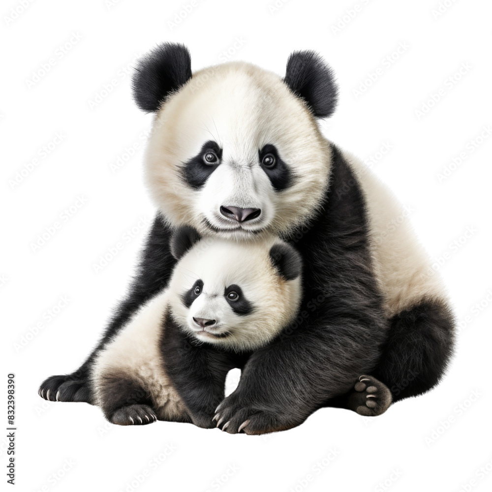 Panda with its cute cub isolated on transparent or white background Panda with its cute cub isolated on transparent or white background