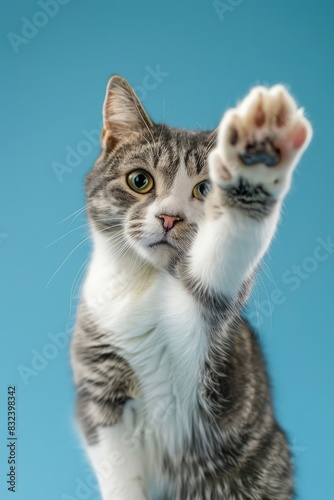 A cat with its paw raised, doing the high five pose, on a blue background.