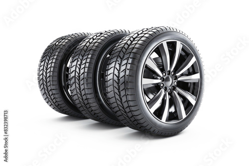 Car tires with chrome rims on a white background. © Katerina Bond
