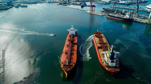 a pov shot looking down of An industrial port with oil spills, and a clean port with electric ships.
