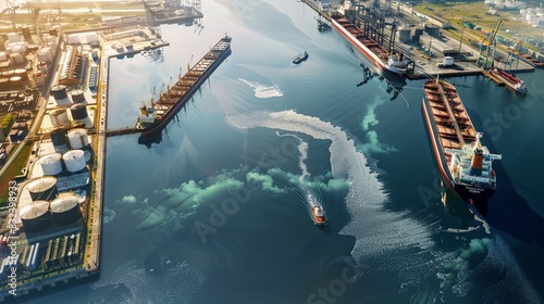 An industrial port with oil spills and pollution on one side, and a clean port with electric modern ships and no pollution on the other.
