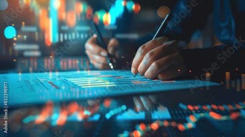 analysis working with the latest financial results. Analysis of sales forecast graphs, financial accounting with hand writing Abstract digital effect for background photo
