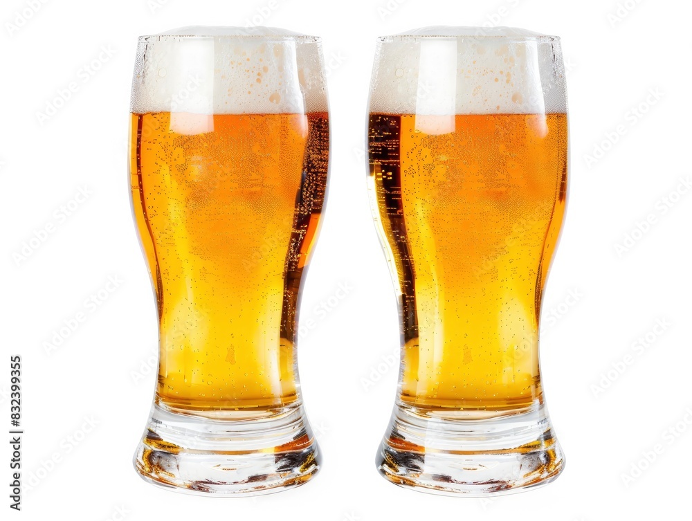 Two glasses of beer with foam on white background