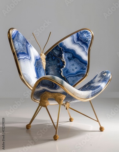 a butterfly theme chair made of agate in blue and white colour, golden metal edges and elements on the wings