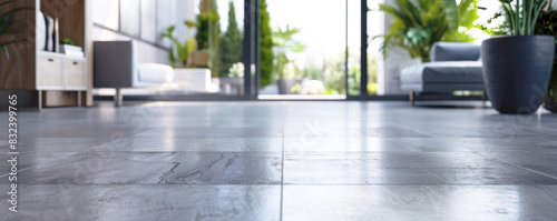 Empty room with light gray ceramic tiles on the floor and a wall in the background. Flooring sample for home, apartment, selective focus.