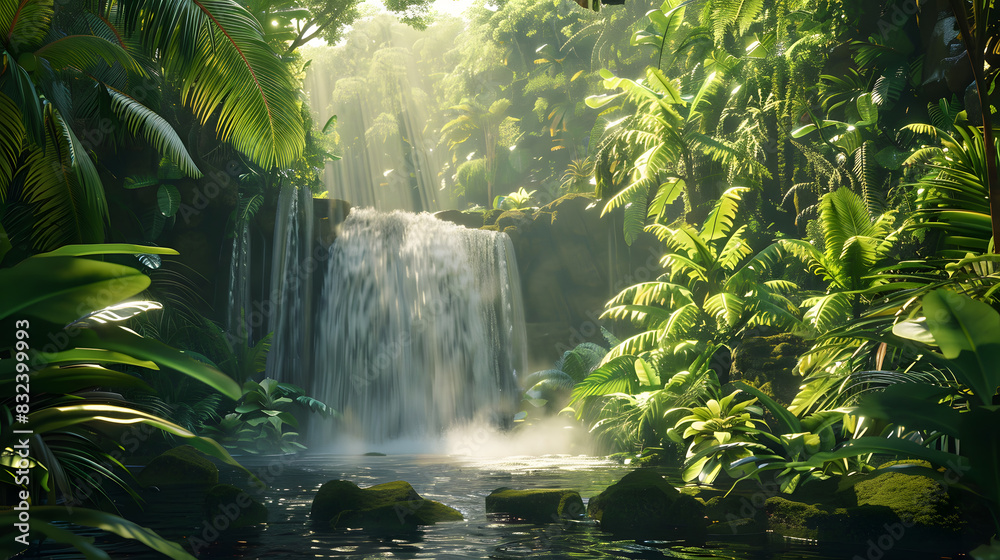 A lush jungle with a waterfall in the foreground A lush jungle with a waterfall in the foreground