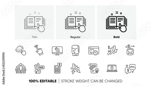 Smile, Consulting and Fake internet line icons. Pack of Cursor, Metro, Cogwheel icon. Group, Water cooler, Internet downloading pictogram. Rise price, Calculator, Monitor repair. Line icons. Vector