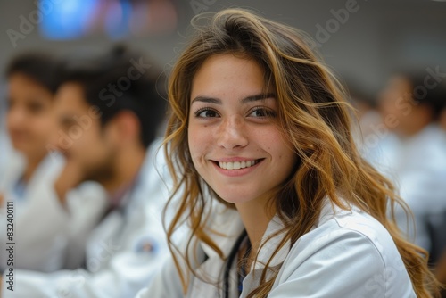 A cheerful young medical student in a white coat and stethoscope smiles sincerely towards the camera photo