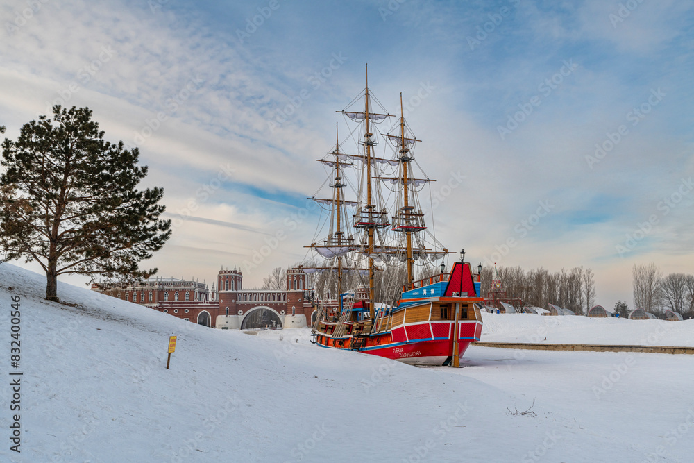 Replica of an old Russian sailing boat, Volga Manor, Harbin, Heilongjiang, China Replica of an old Russian sailing boat, Volga Manor, Harbin, Heilongjiang, China