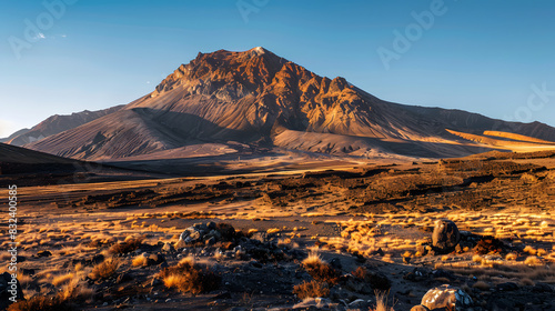 A desert landscape with mountains in the background photo