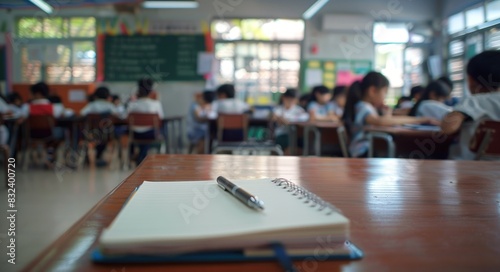 A Blurry elementary school classroom with students sitting and studying, abstract design for background.