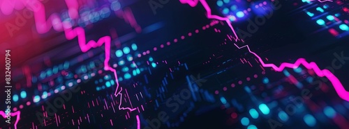 Close-ups of digital screens showing fluctuating cryptocurrency market graphs in neon colors. photo