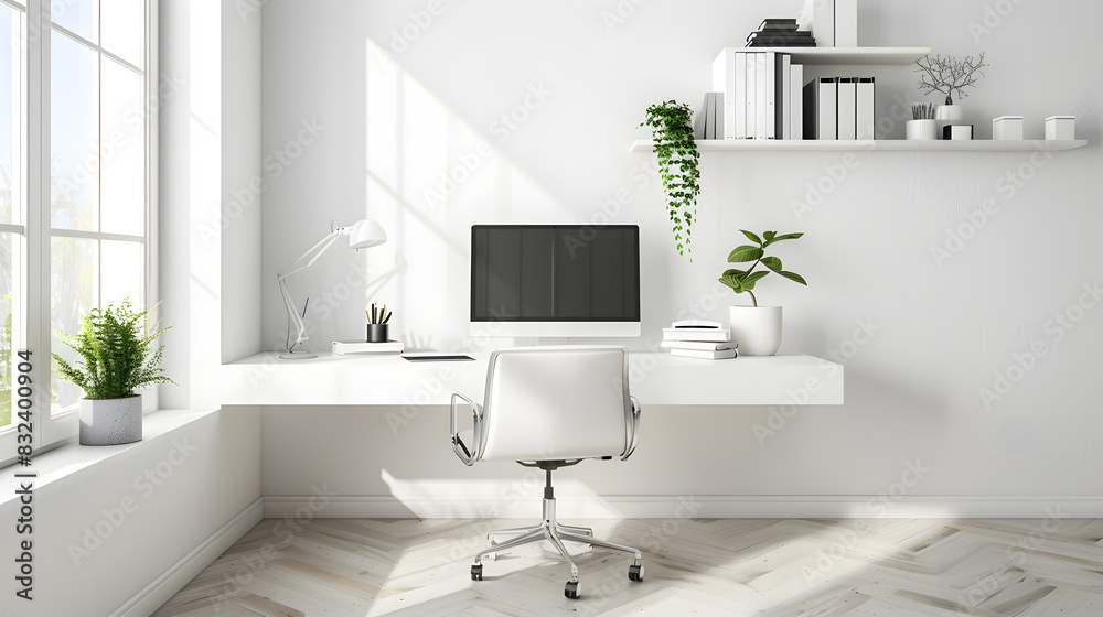 A white office with a computer, a chair, and a potted plant A white office with a computer, a chair, and a potted plant