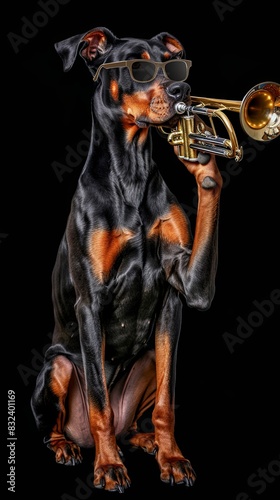 cute realistic Doberman Pinscher dog playing the trumpet with sunglasses on black background, full body shot, detailed and sharp, colorful