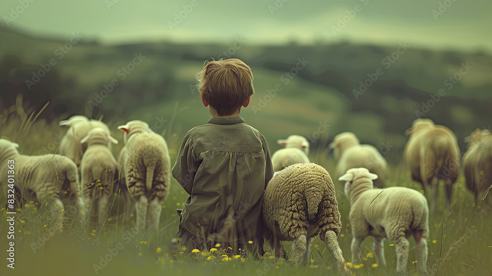 Hyper realistic photo of a boy with a flock of sheep in a green field ...